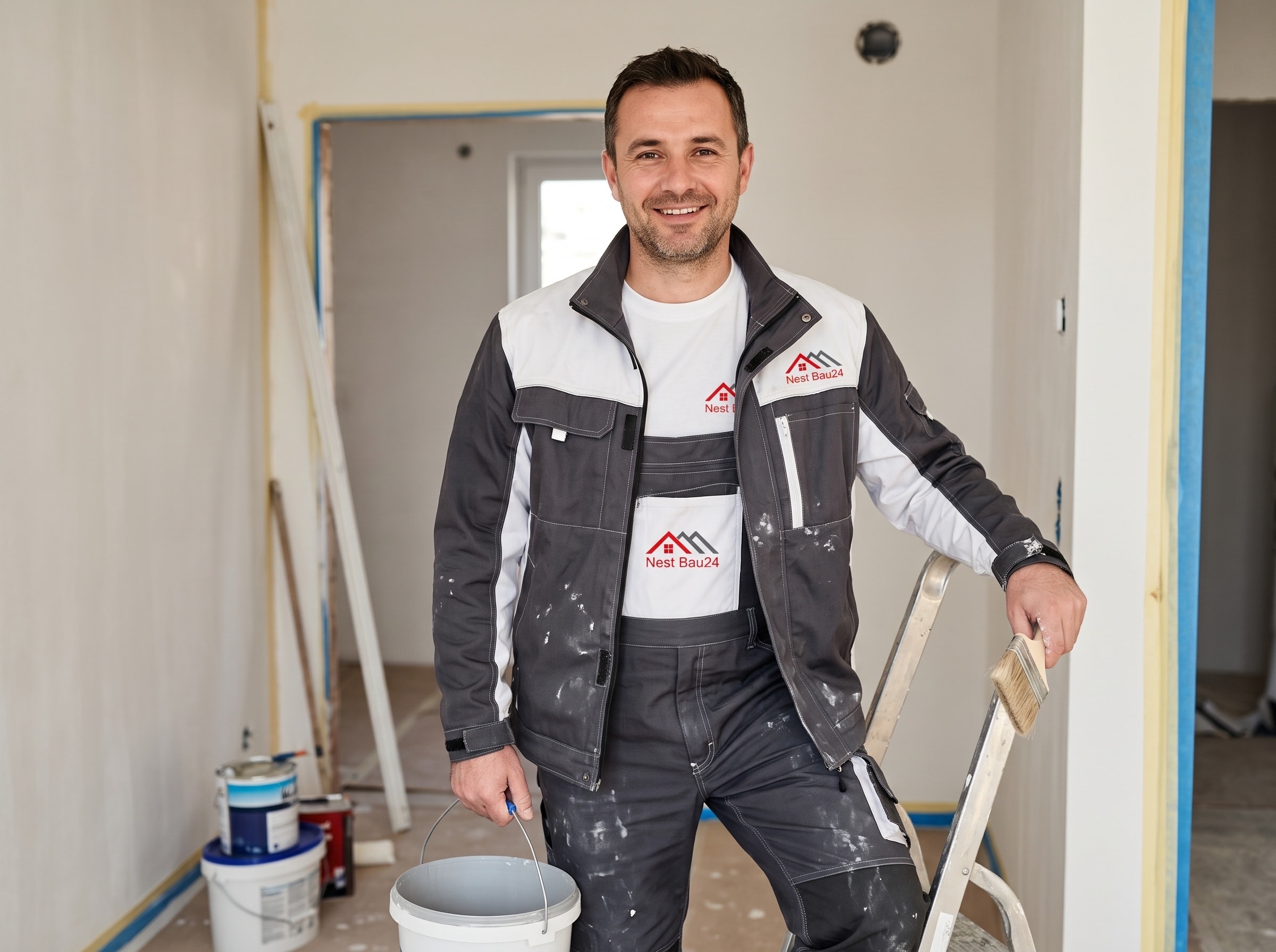 Maler von Nest Bau24 mit Farbeimer und Pinsel in einer Wohnung in Fürth